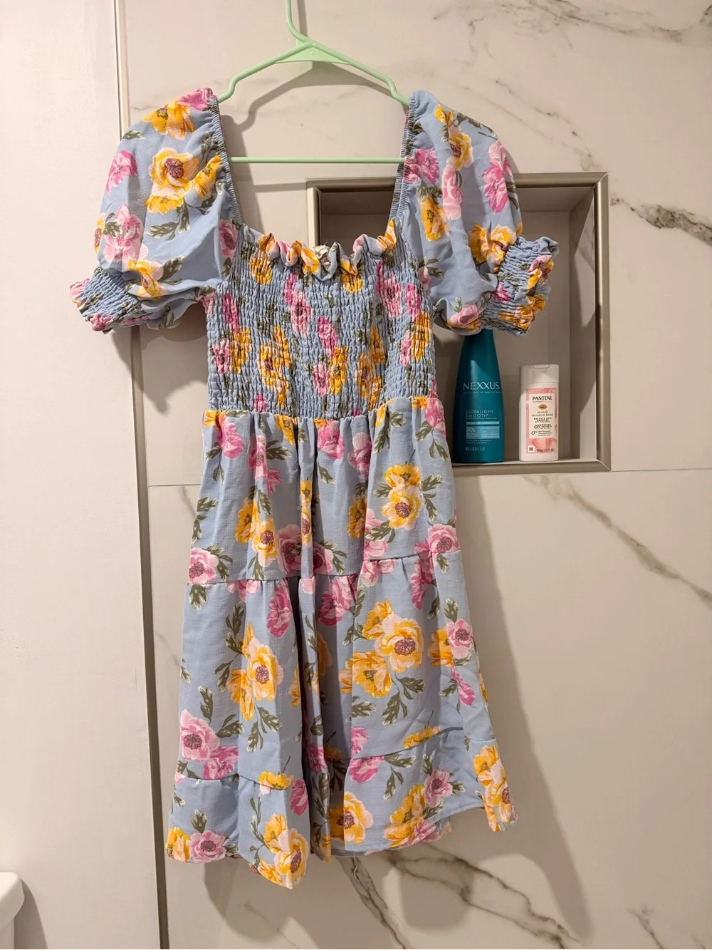 Girls Blue Floral Puff-Sleeve Dress